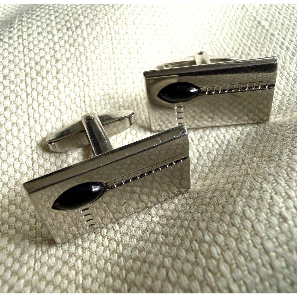 Vintage Foster Silver-Tone Cufflinks with Black Oval Accent | Made in USA